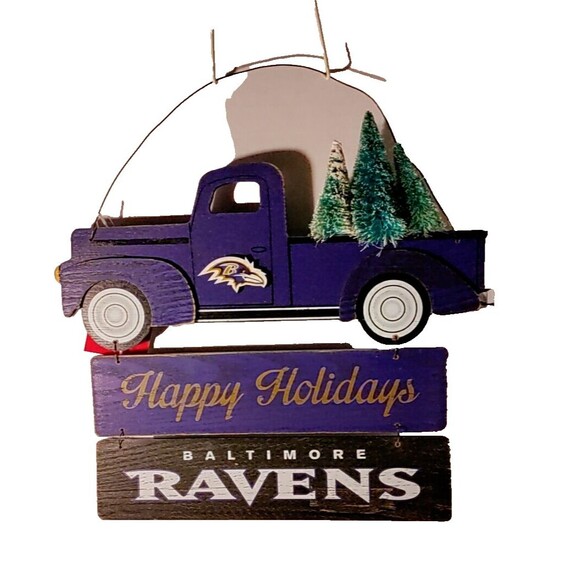 Baltimore Ravens Happy Holidays Decoration Purple Pickup With Trees In Bed - Picture 1 of 4